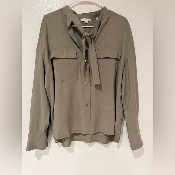 Vince Olive Green Women's Utility Long-Sleeve Tie-Neck Blouse size M - Picture 2 of 9